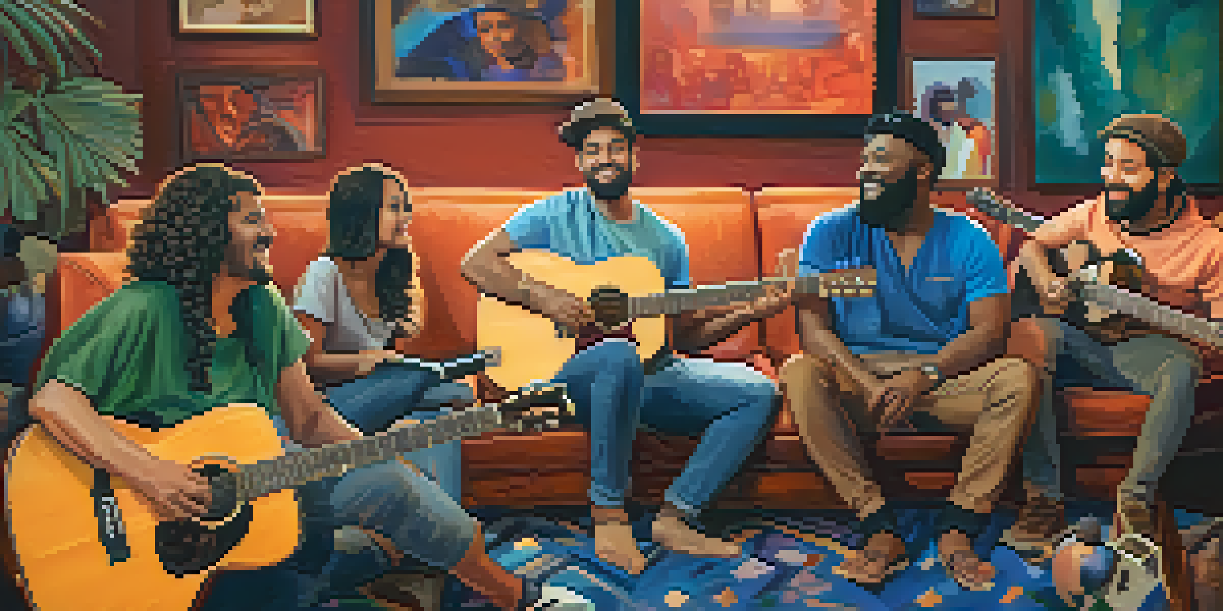 A cozy online guitar community meeting with diverse individuals interacting on video calls, showcasing various guitars and a warm atmosphere.