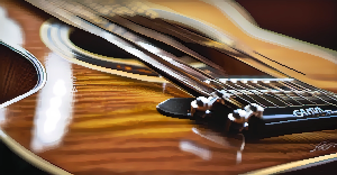 A close-up of a guitar neck with a capo on the second fret, highlighting the strings and the wooden texture of the guitar in warm lighting.