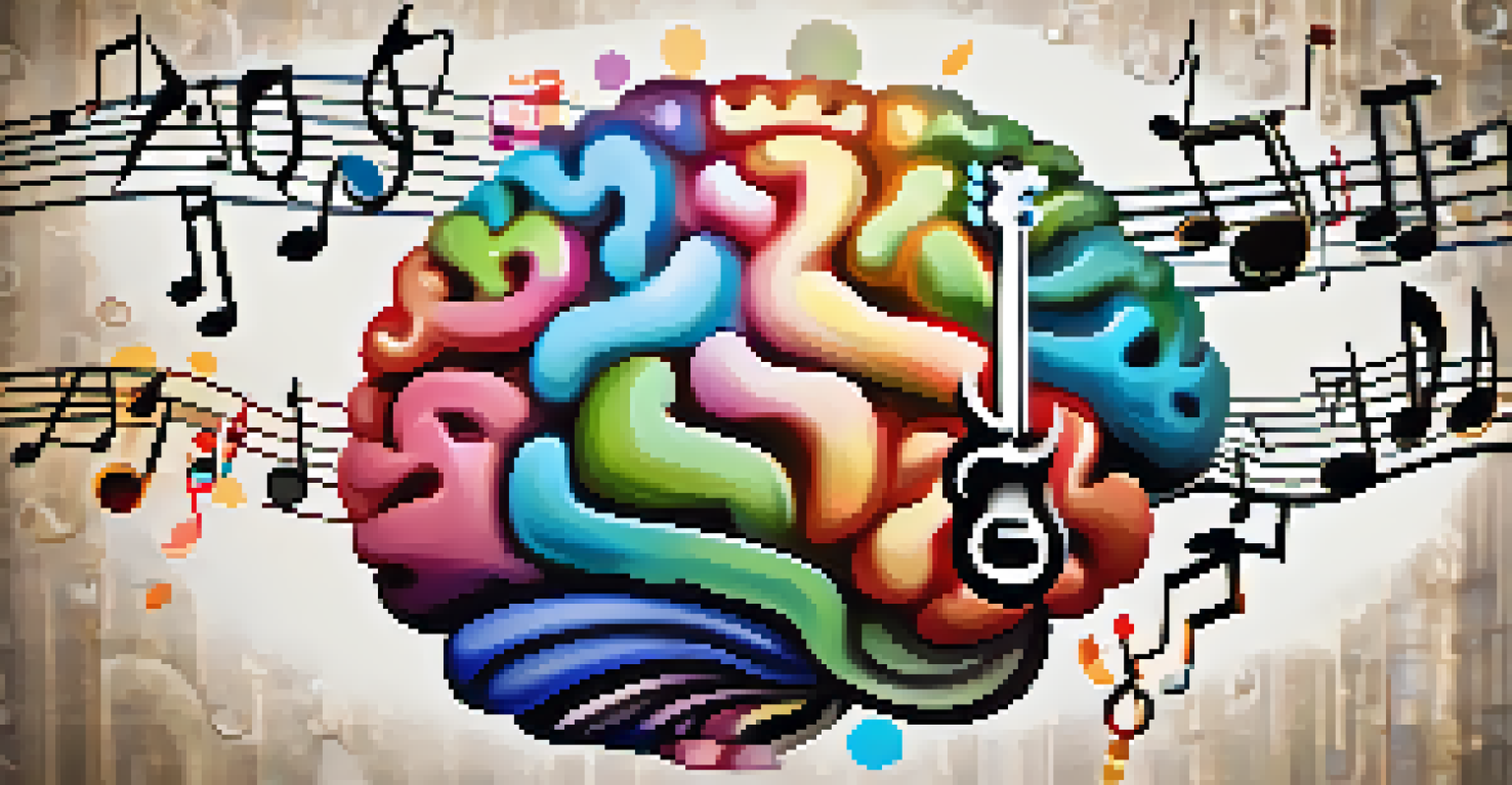 A colorful illustration of a brain with musical notes and a guitar, symbolizing the link between music and memory.