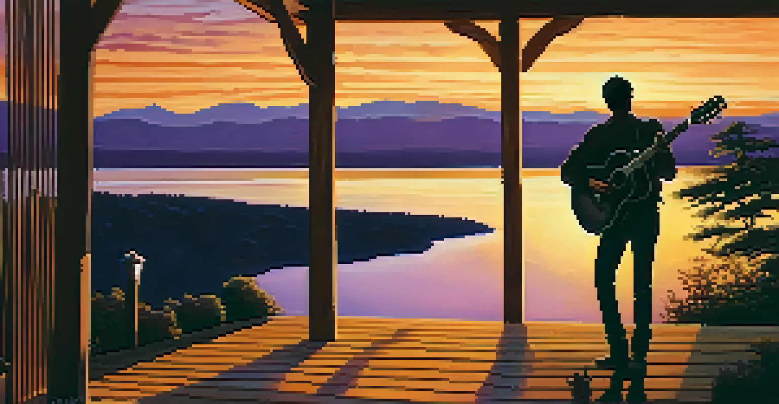 A silhouette of a guitarist on a porch during sunset, playing a slide guitar, with vibrant colors in the sky.