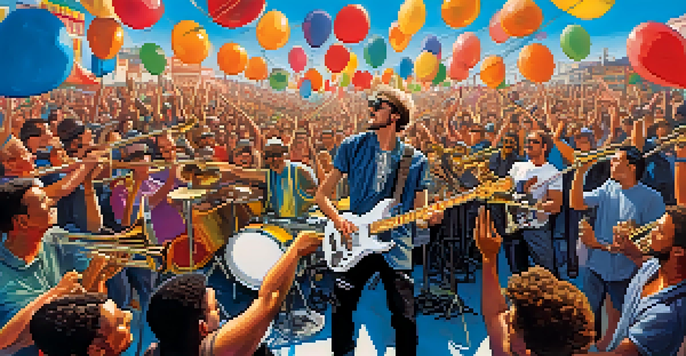 A ska band performing on stage with a guitarist in the foreground, colorful lights, and a cheering crowd at a street festival.