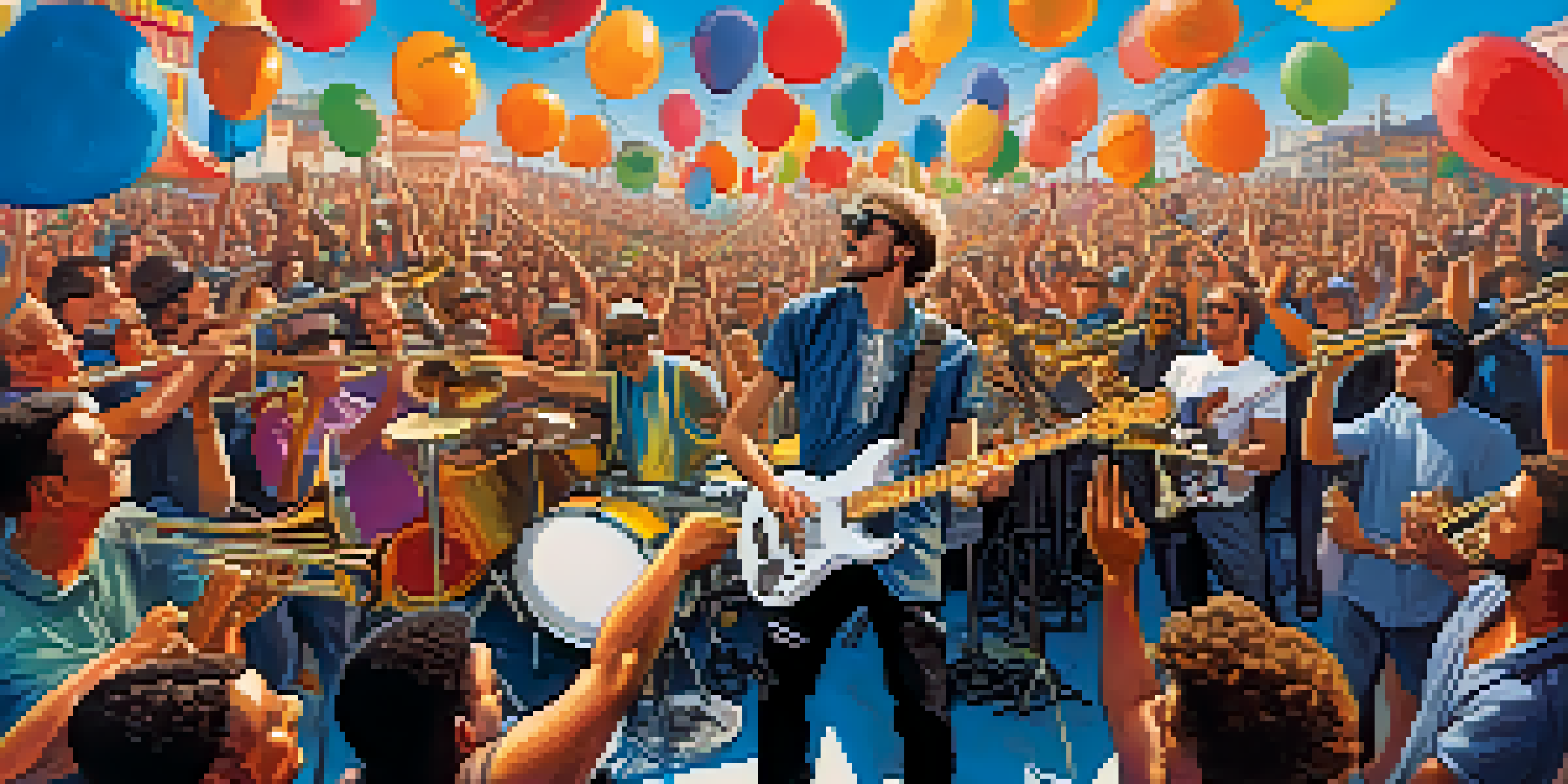 A ska band performing on stage with a guitarist in the foreground, colorful lights, and a cheering crowd at a street festival.