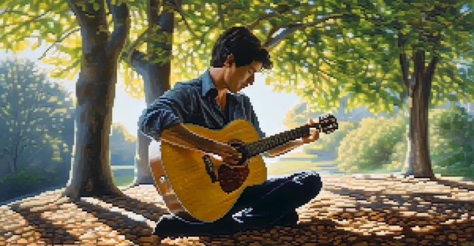 A guitarist playing an acoustic guitar outdoors, with sunlight creating patterns on the ground.