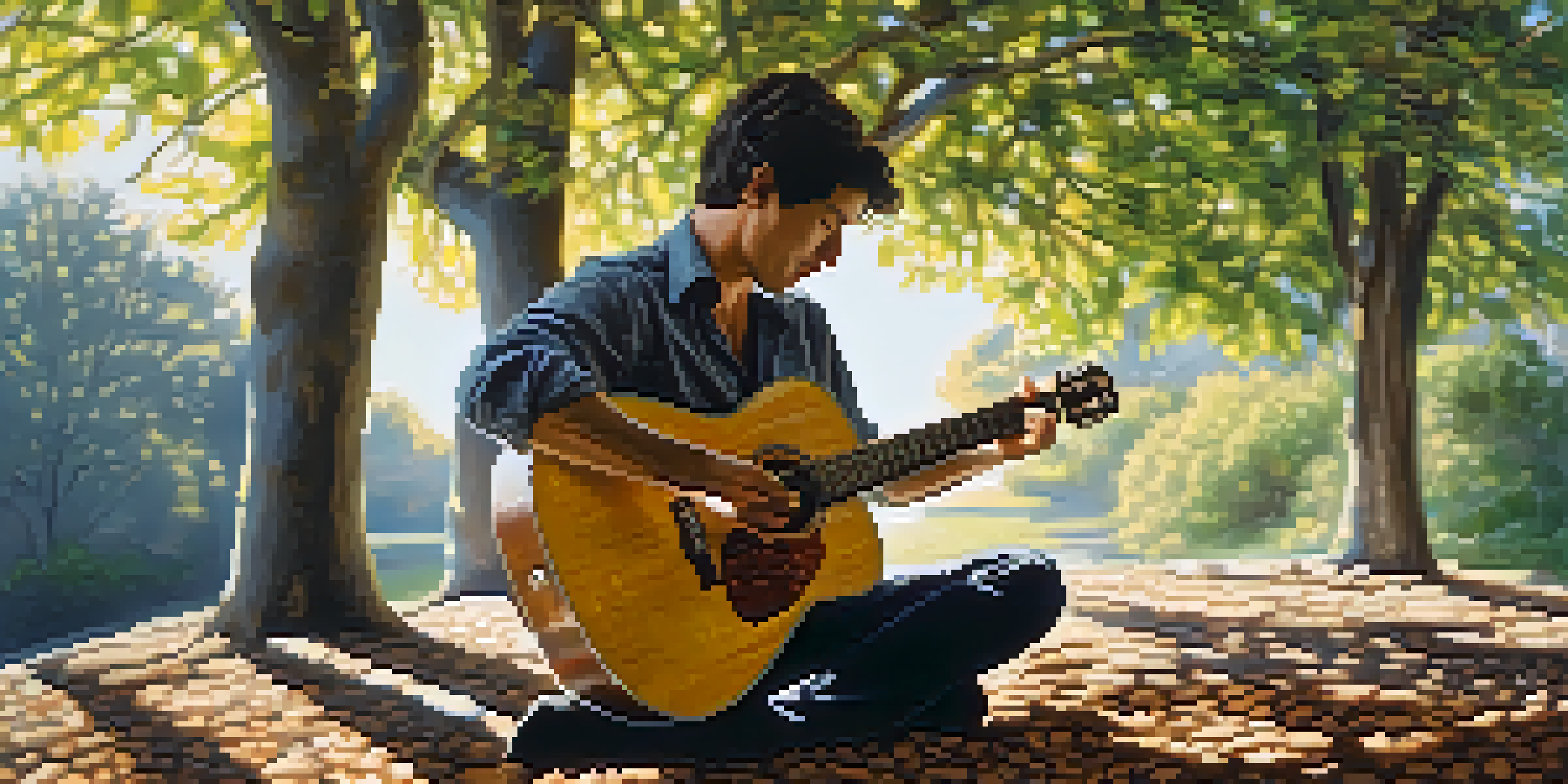 A guitarist playing an acoustic guitar outdoors, with sunlight creating patterns on the ground.