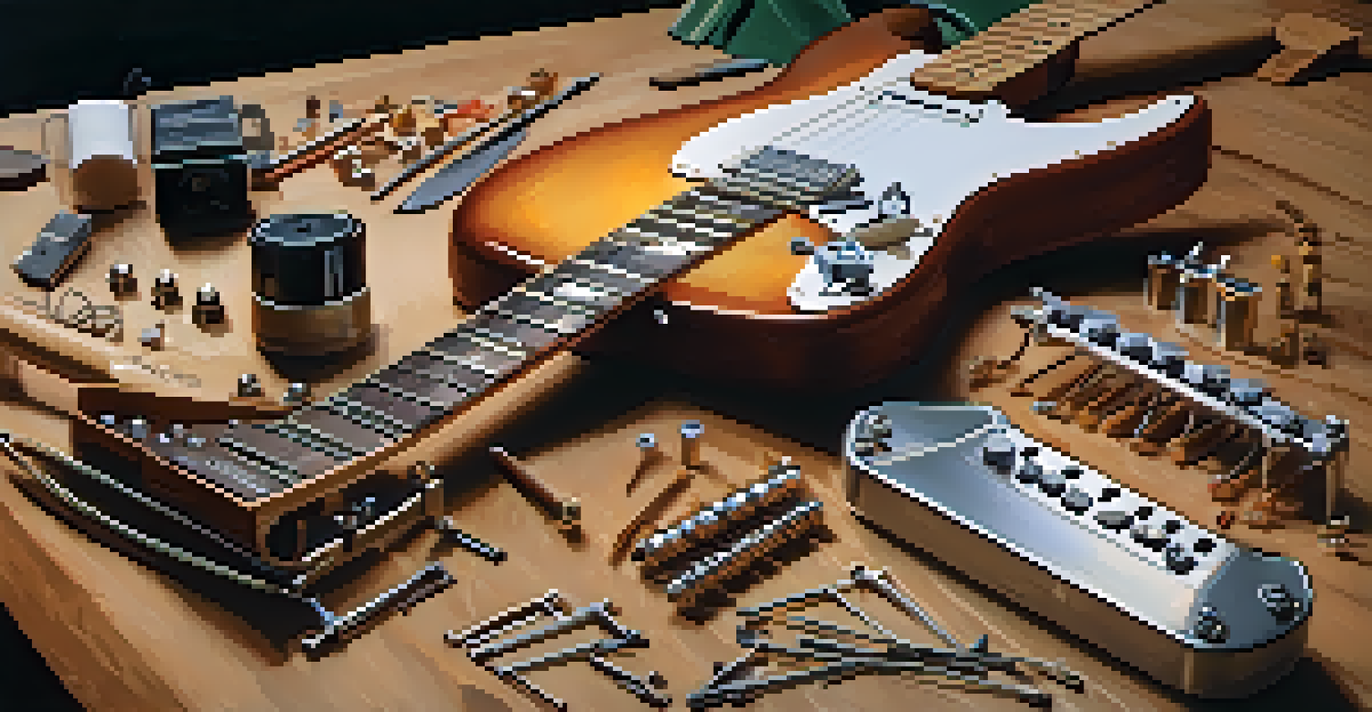 An array of electric guitar components on a workbench, including a neck, pickups, and tools, beautifully lit and detailed.
