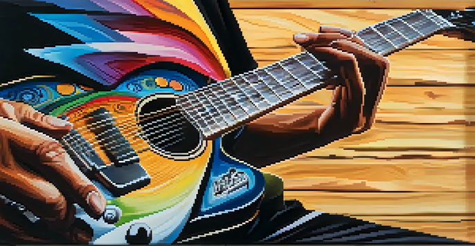 A close-up of a guitarist's hands playing a guitar, surrounded by colorful music notes.