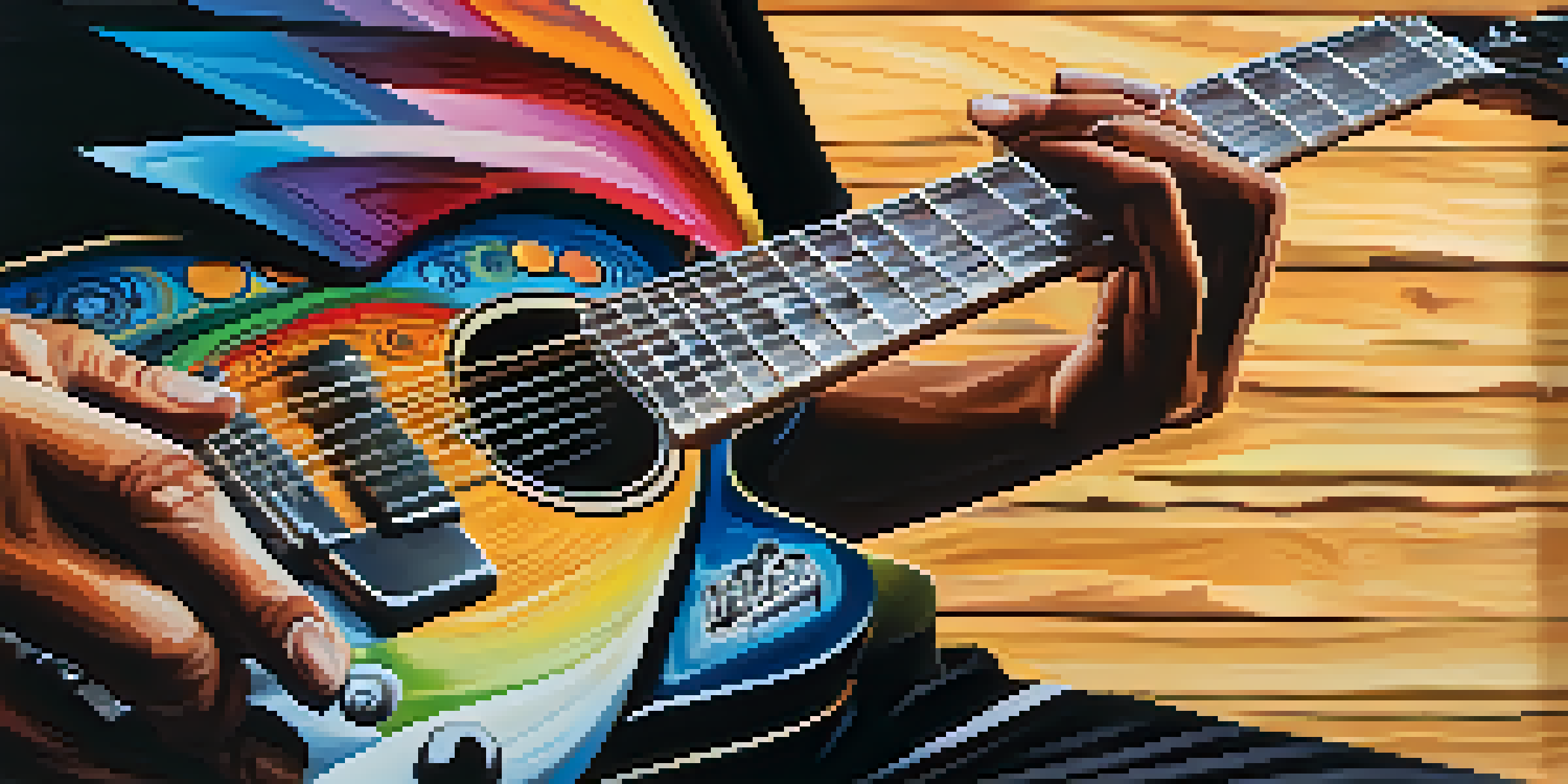 A close-up of a guitarist's hands playing a guitar, surrounded by colorful music notes.