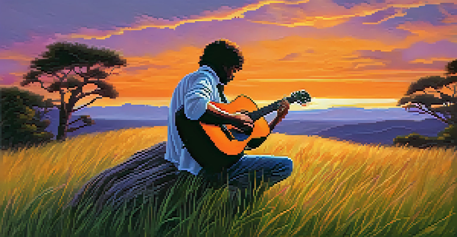 A musician playing an acoustic guitar on a hillside during sunset, with a colorful sky and a serene landscape.