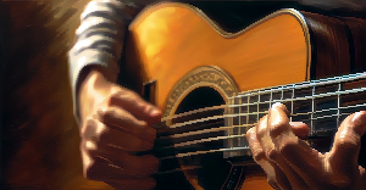 Close-up of a guitarist's hands playing Bossa Nova on a classical guitar, with a blurred background and warm lighting.