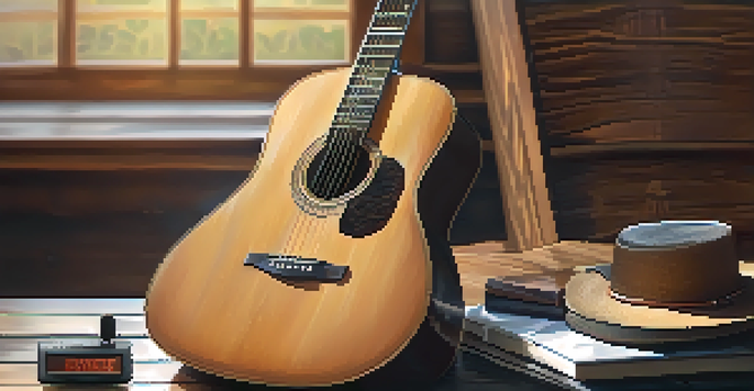 A close-up of a wooden acoustic guitar on a rustic table, with a hygrometer in the background showing humidity levels.