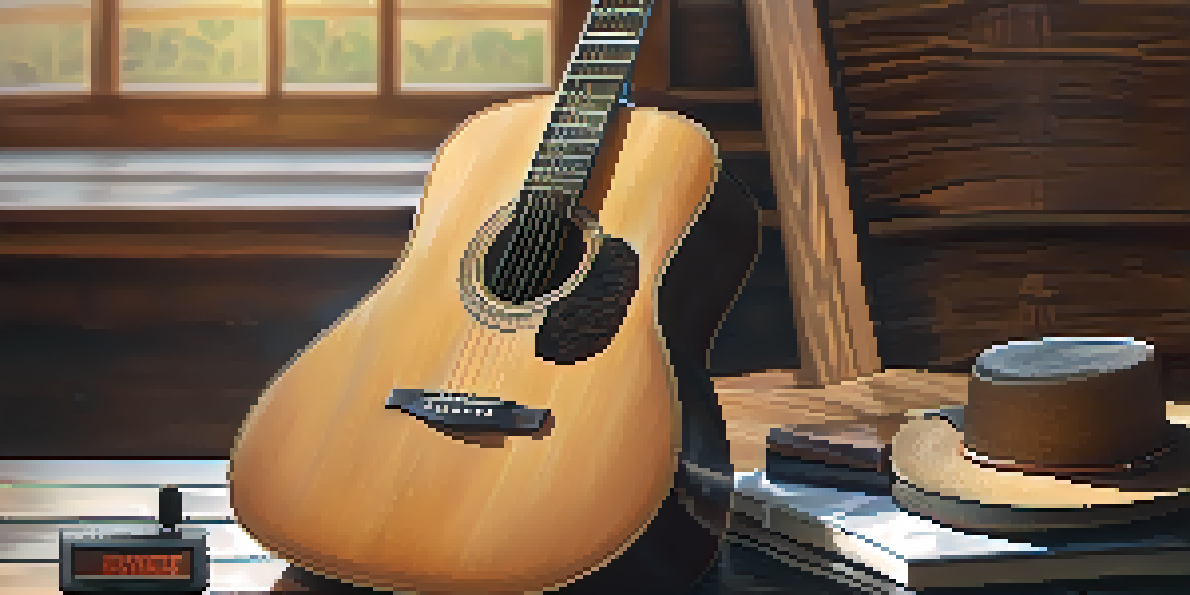 A close-up of a wooden acoustic guitar on a rustic table, with a hygrometer in the background showing humidity levels.