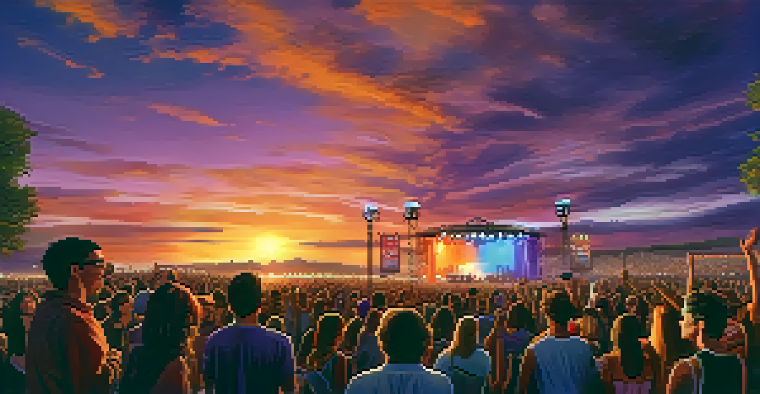 A vibrant outdoor music festival at sunset, featuring musicians with guitars performing on stage in front of an excited crowd.