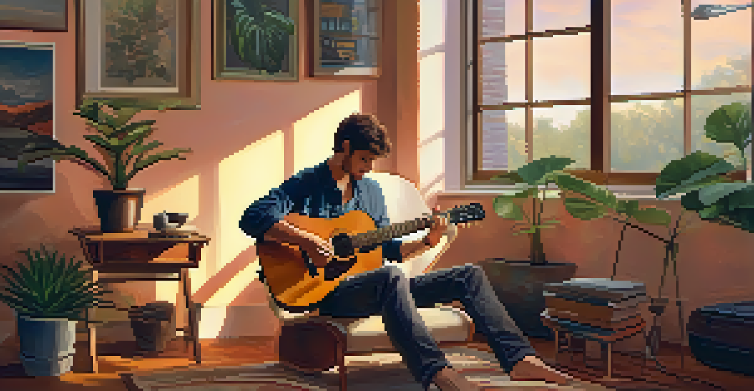 Guitarist practicing in a cozy space surrounded by music sheets and plants.