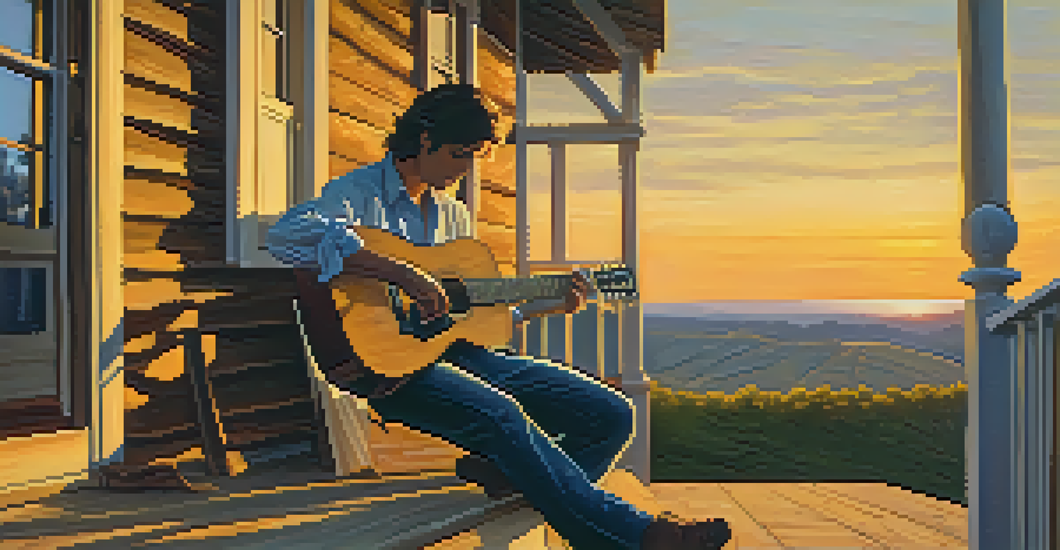 A guitarist playing on a porch at sunset with sheet music beside them.