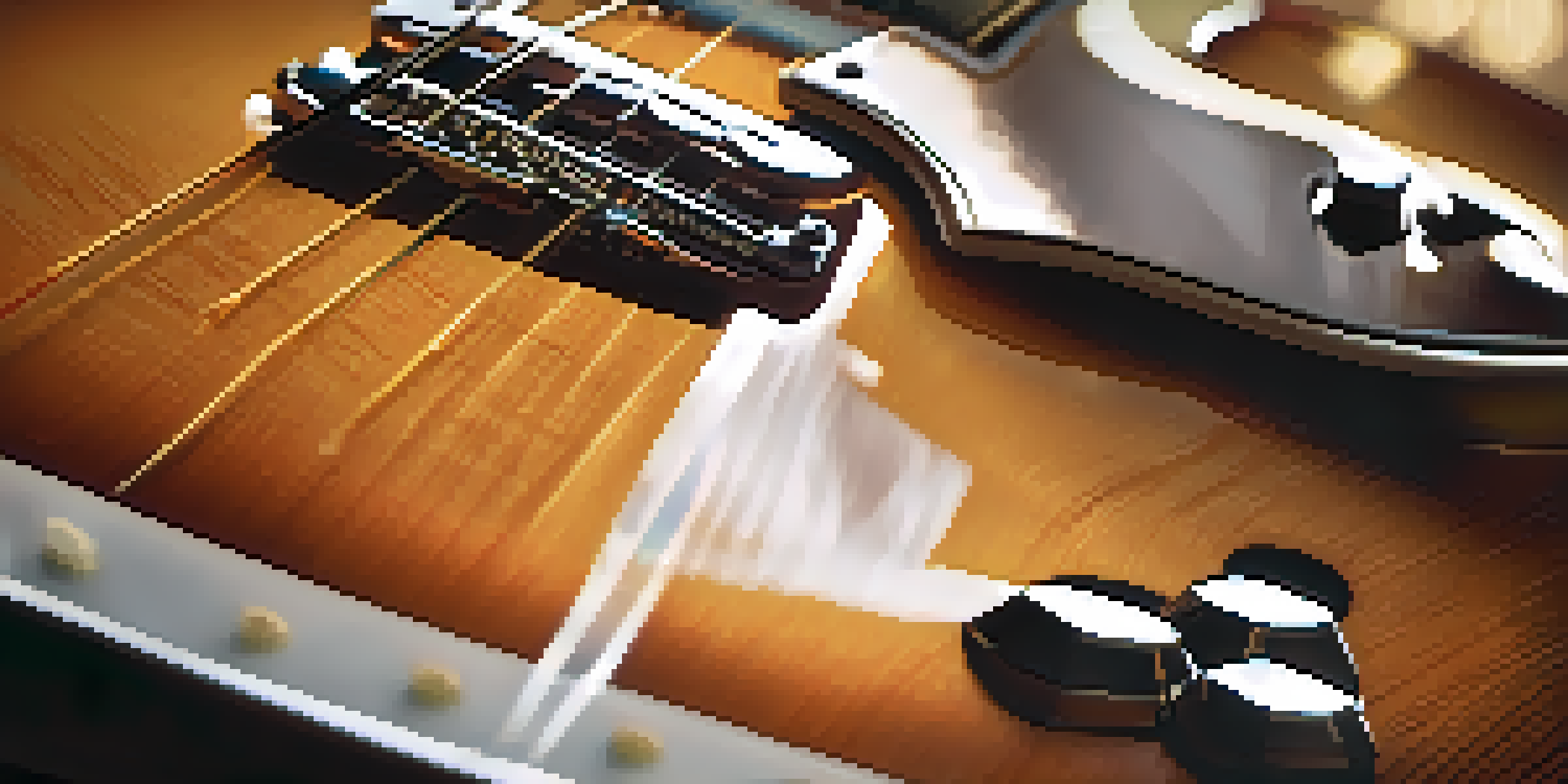 A close-up view of a vintage electric guitar with single-coil pickups, highlighting its wood grain and glossy sunburst finish.