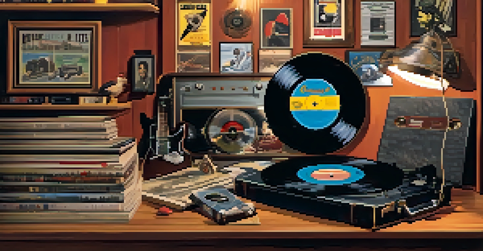 A collection of vinyl records showcasing Chuck Berry's music, surrounded by vintage memorabilia.