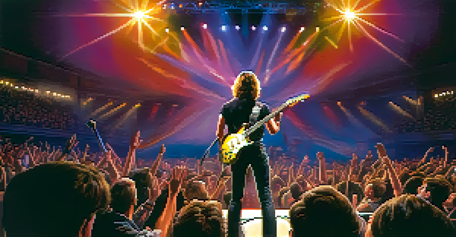 Rock guitarist performing on stage with an enthusiastic audience, illuminated by vibrant lights.