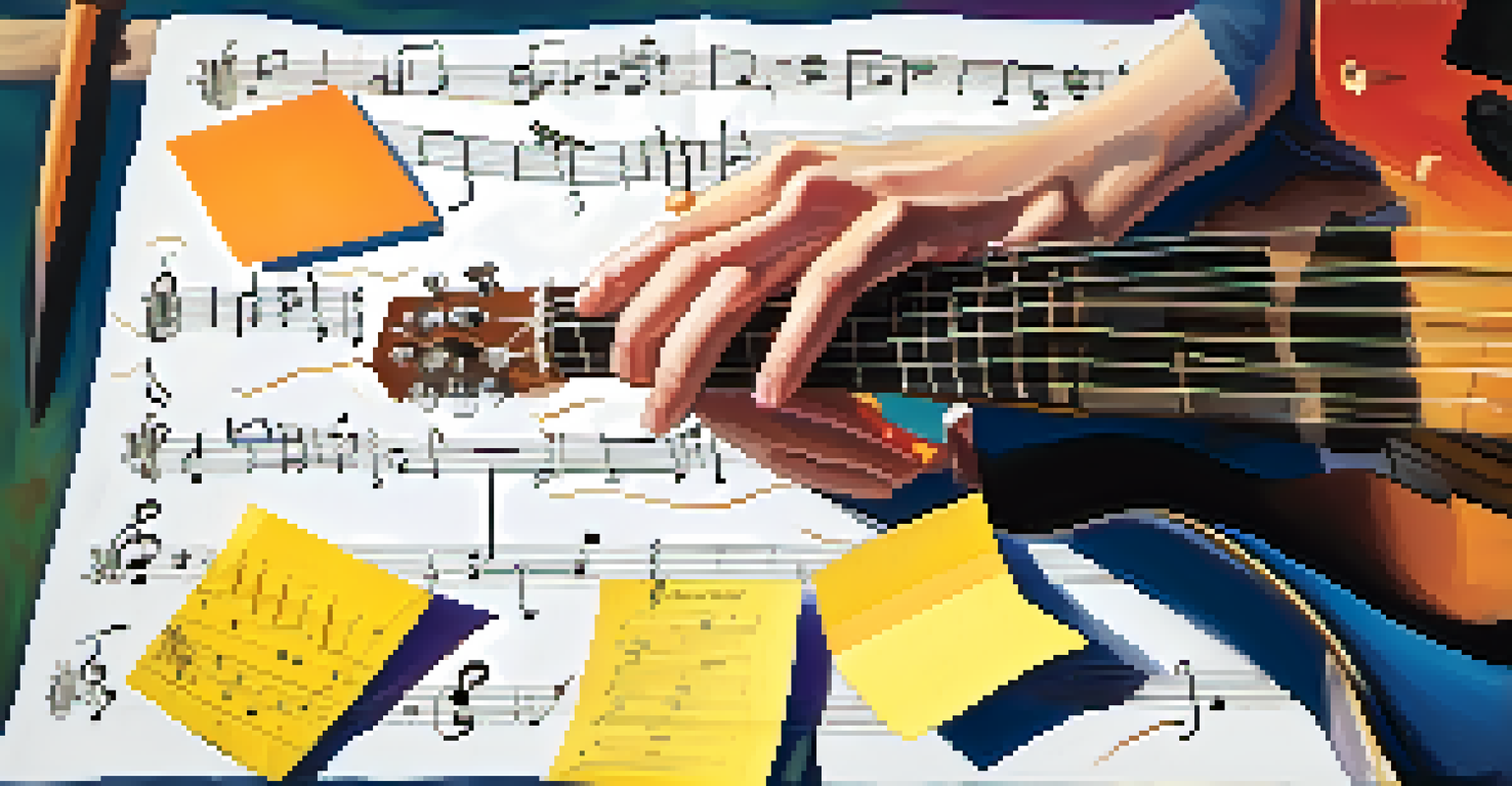 An overhead view of a guitarist practicing warm-up exercises on sheet music, with colorful sticky notes arranged around.
