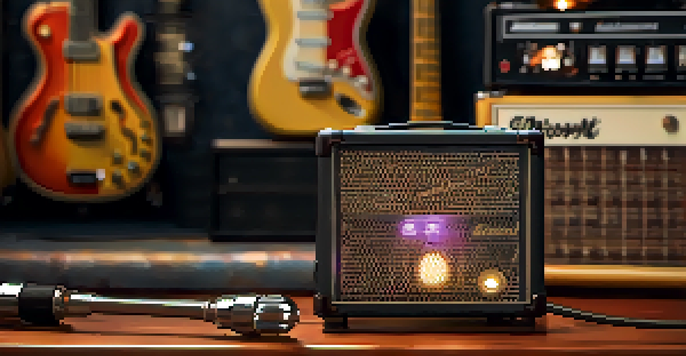A close-up view of an analog delay pedal with wooden textures and metal knobs, accompanied by a blurred guitar and amplifier in the background.