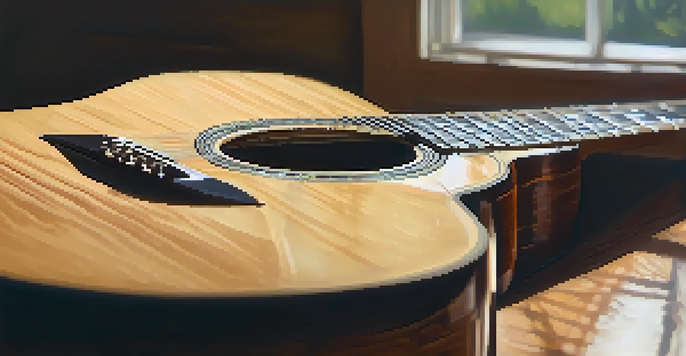 Close-up view of an acoustic guitar's soundboard, highlighting the wood grain patterns and strings in the background.