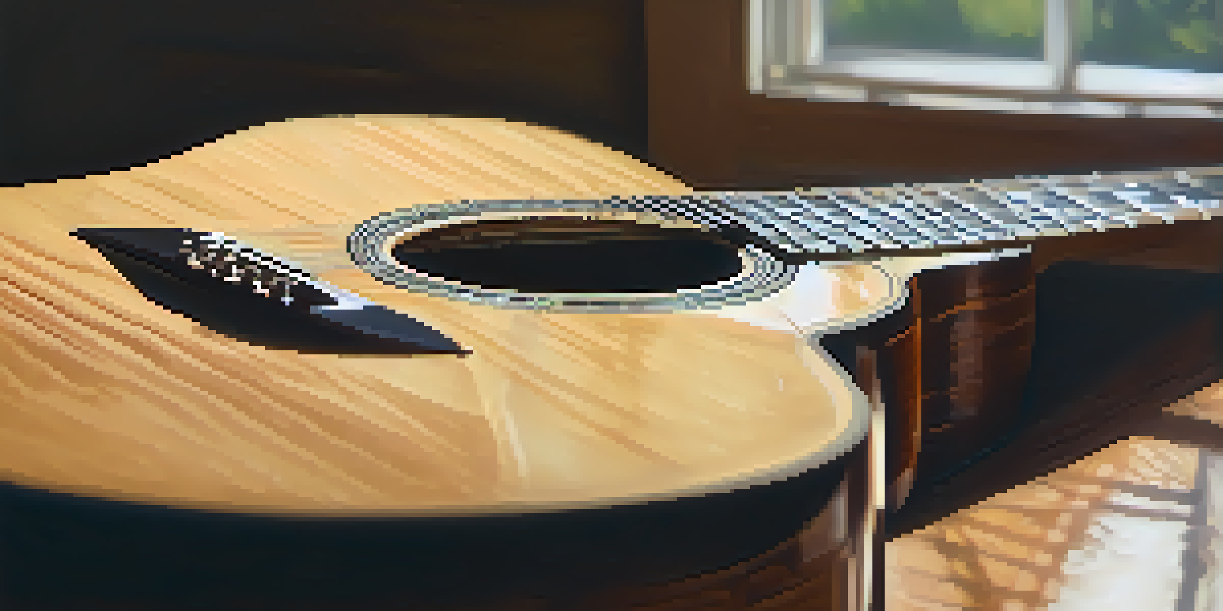 Close-up view of an acoustic guitar's soundboard, highlighting the wood grain patterns and strings in the background.