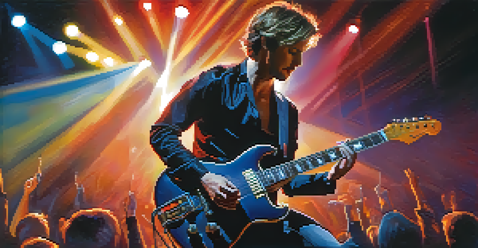 A guitarist on stage at a concert, passionately playing with visible vibrato technique.