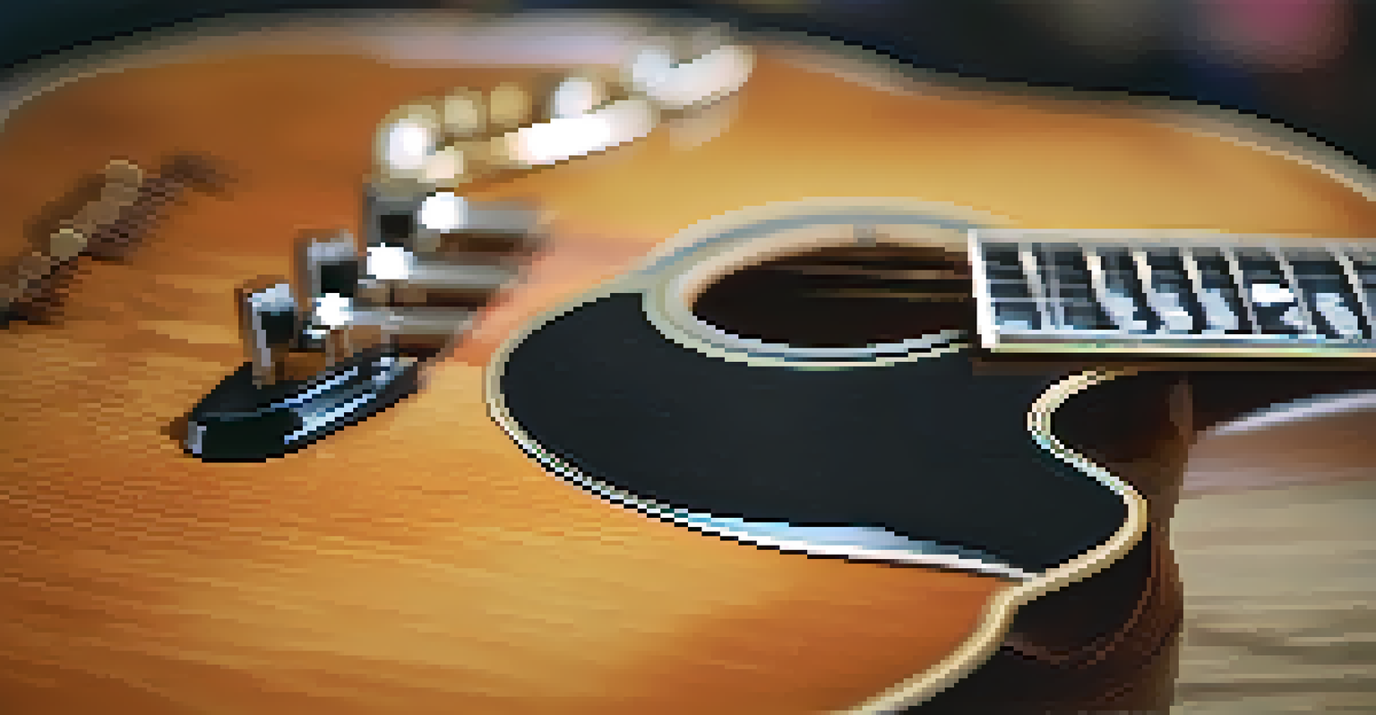 A close-up of a glossy guitar finished with water-based varnish, showcasing its rich colors and details.