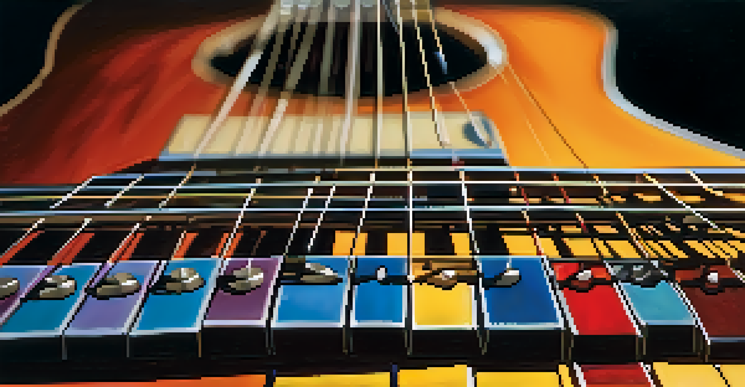 Close-up of a guitarist's hands on a fretboard, with sunlight creating shadows and a colorful music studio in the background.