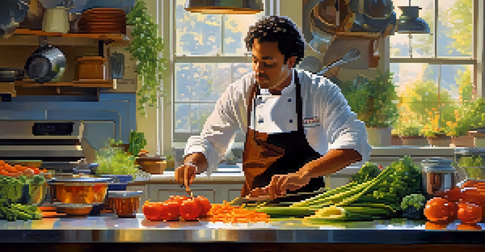 A chef cooking in a colorful kitchen while a guitarist plays nearby, with musical notes visually represented.