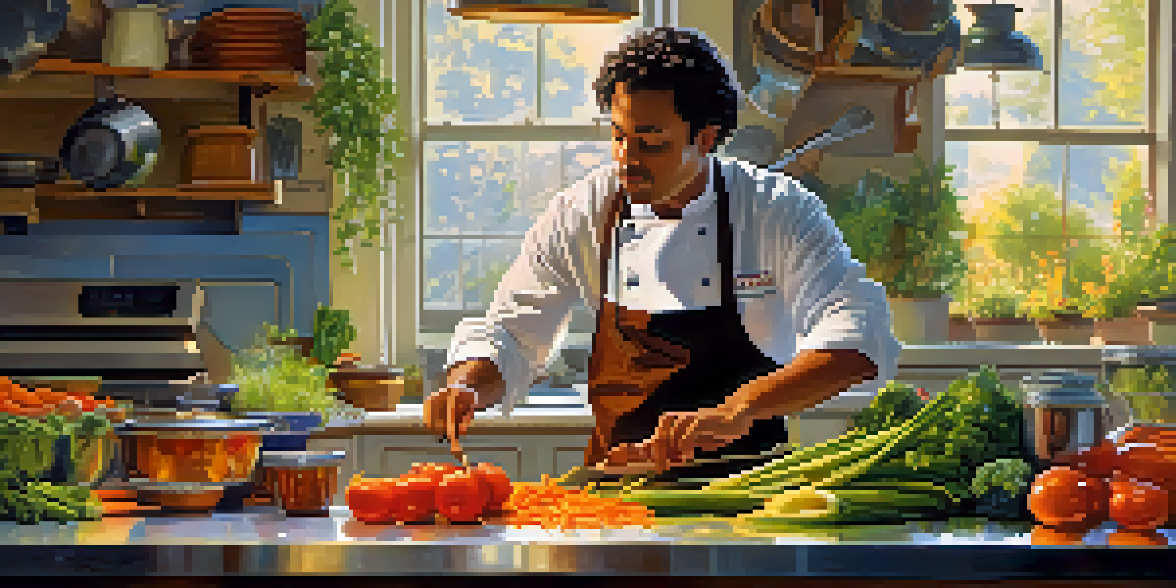 A chef cooking in a colorful kitchen while a guitarist plays nearby, with musical notes visually represented.