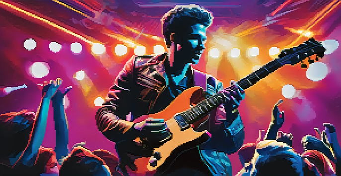 A guitarist performing energetically on stage with a wireless system, surrounded by an engaged audience and colorful stage lights.