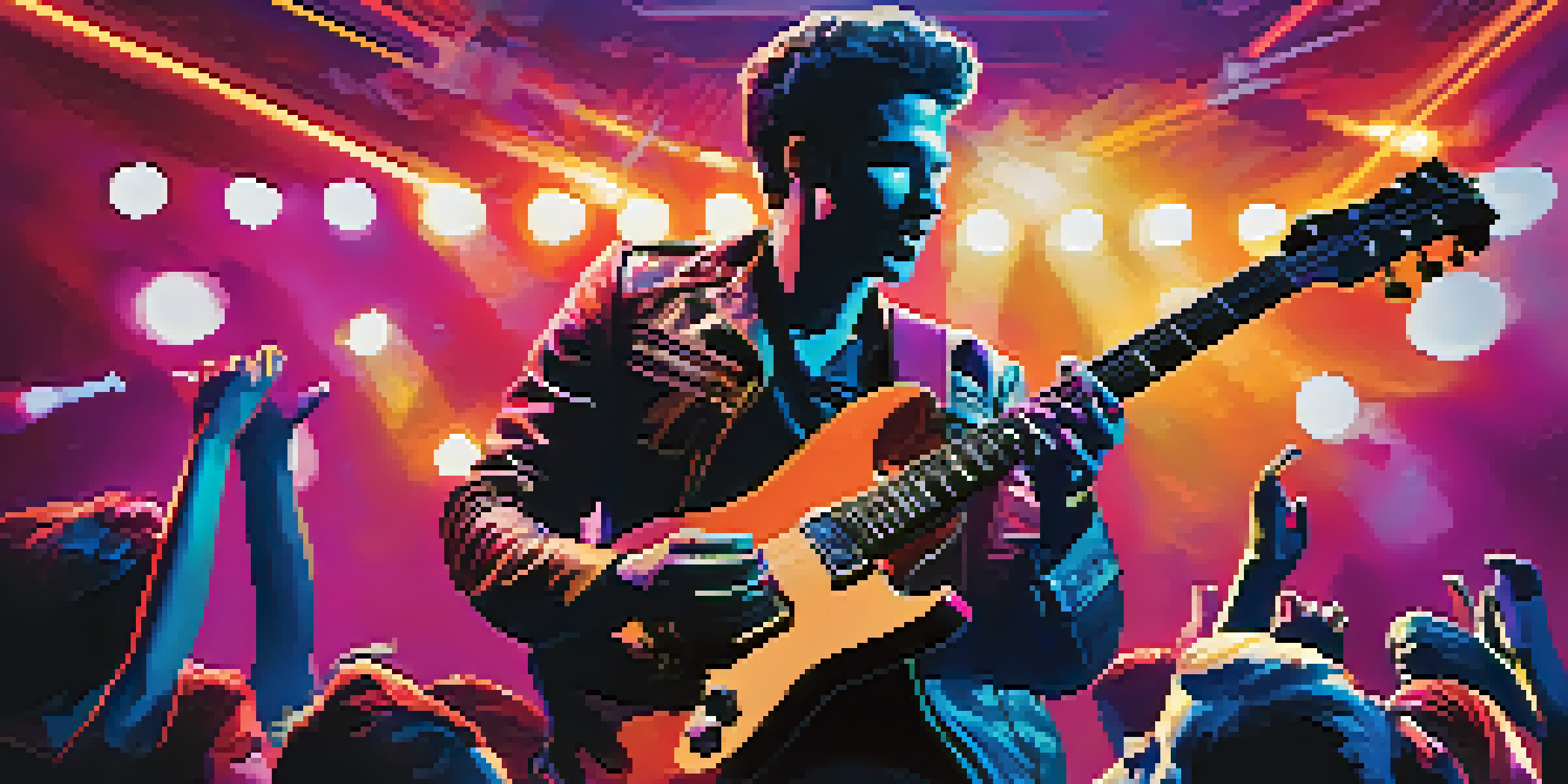 A guitarist performing energetically on stage with a wireless system, surrounded by an engaged audience and colorful stage lights.