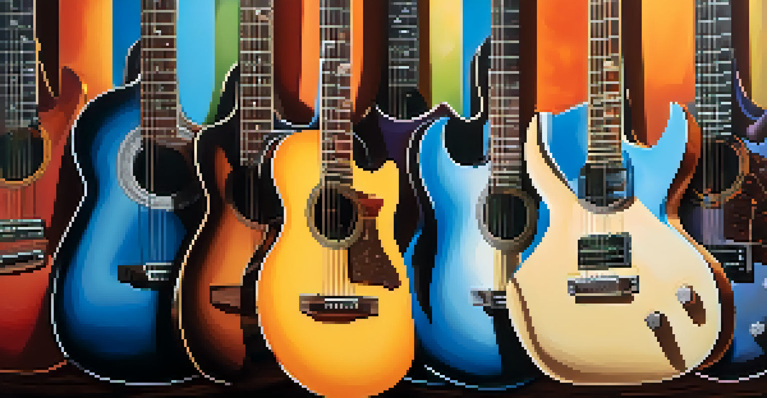 An artistic depiction of guitars with colorful sound waves, representing various music genres and emotions in a visually engaging way.