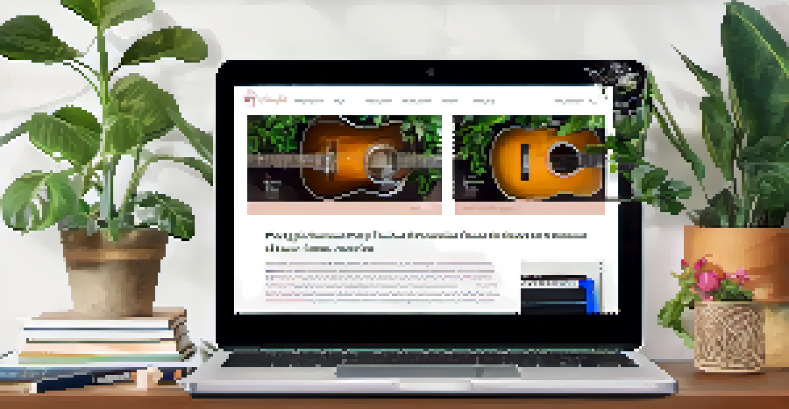 A laptop screen displaying a guitar teacher's personal brand website, highlighting their portfolio and testimonials in a cozy home office setting.