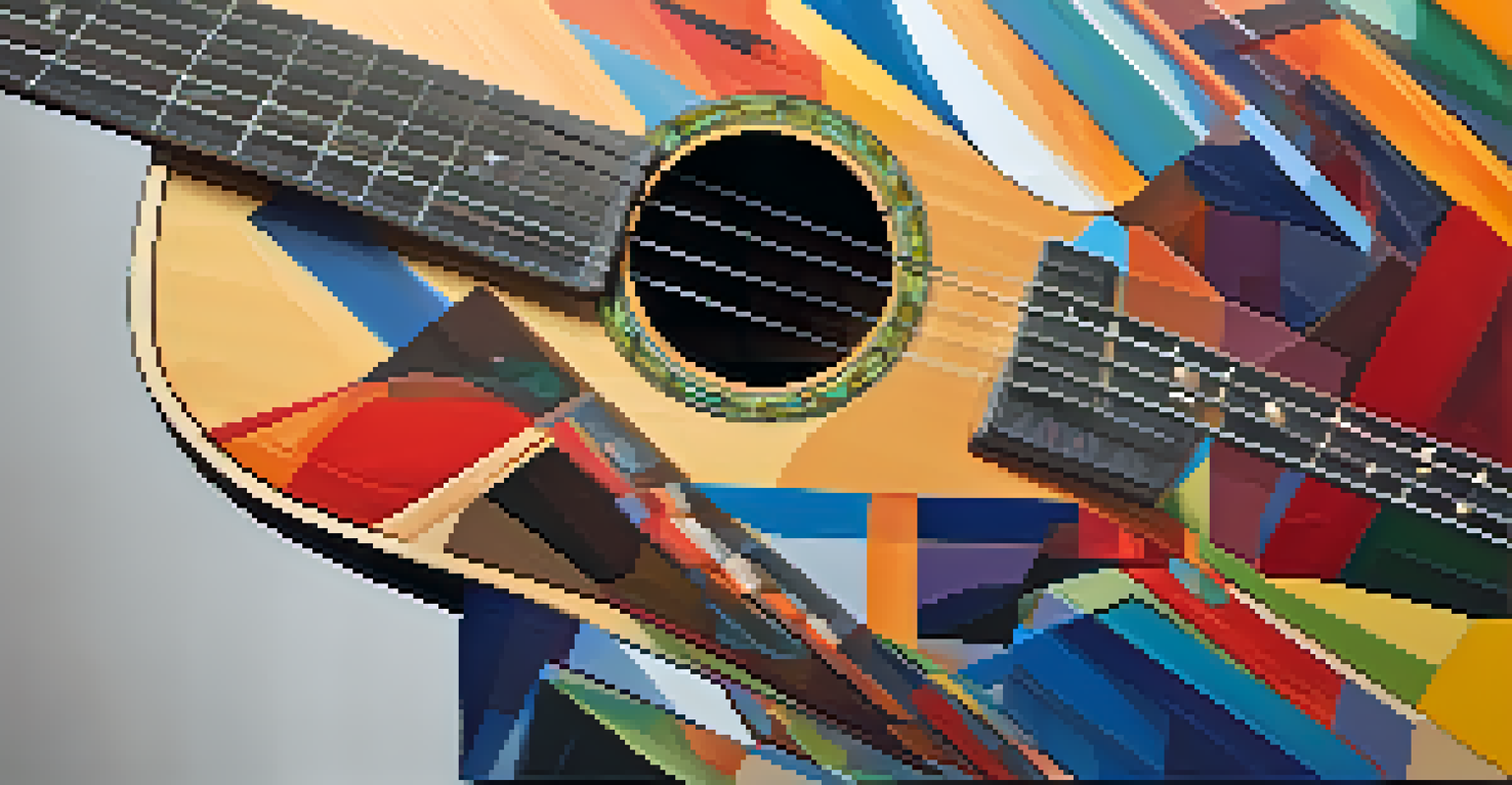 A multi-scale guitar on a stand in front of colorful abstract art, with its unique finish and angled frets prominently displayed.