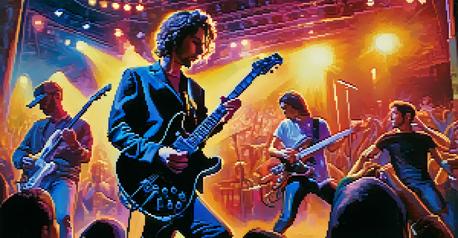 A band performing on stage with the lead guitarist playing a distorted guitar, surrounded by vibrant lights and an enthusiastic audience.