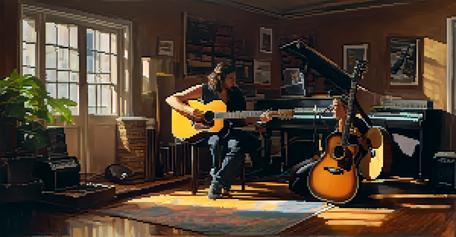 Two guitarists collaborating in a cozy studio filled with musical instruments.
