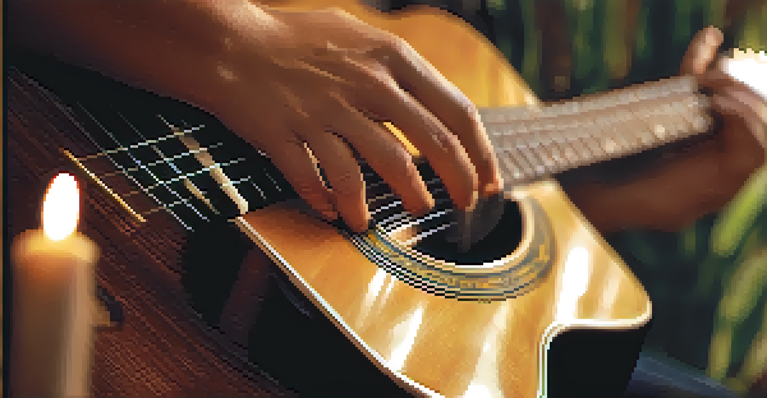 Close-up of hands strumming a guitar, with soft light highlighting the strings and a blurred calming background.
