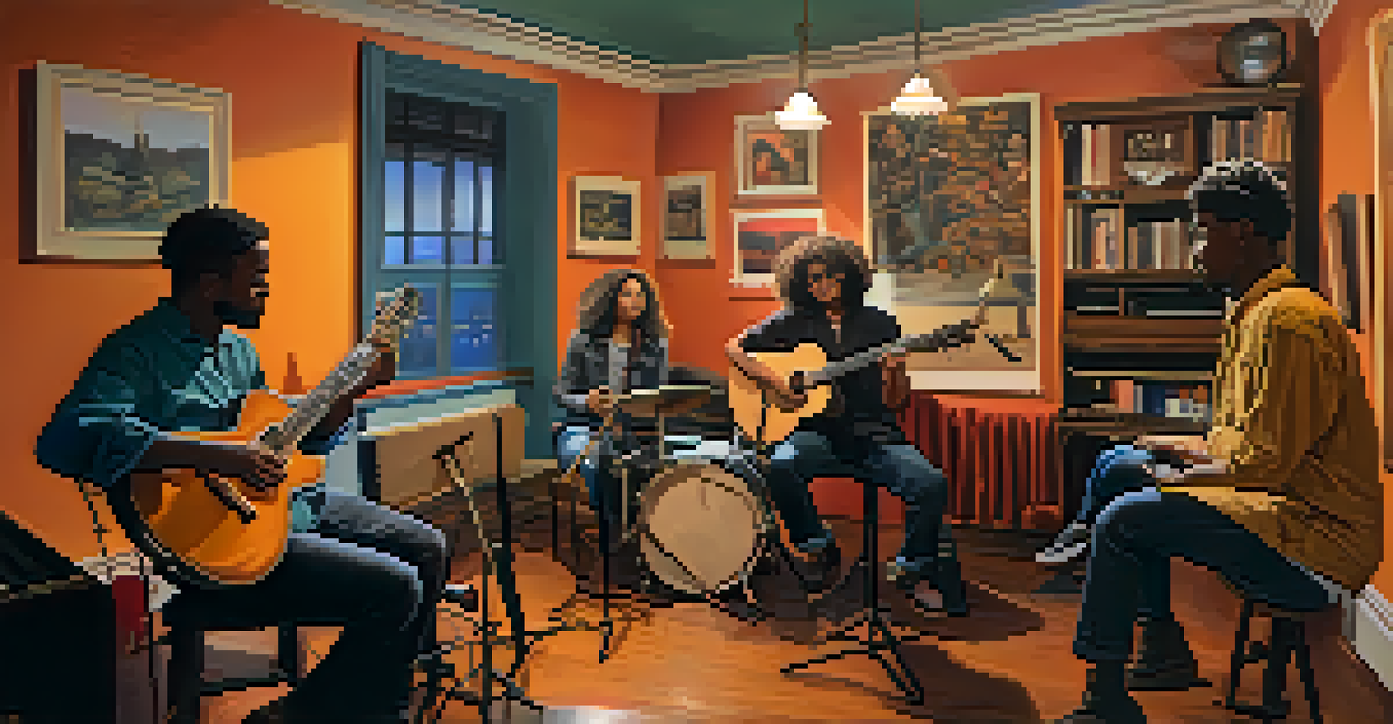 A diverse group of musicians in a cozy room, playing instruments together in a jam session.