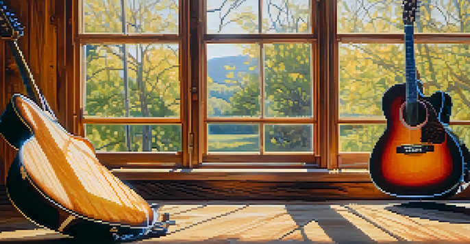 A close-up of an electric and an acoustic guitar on a wooden table with sunlight filtering through a window.