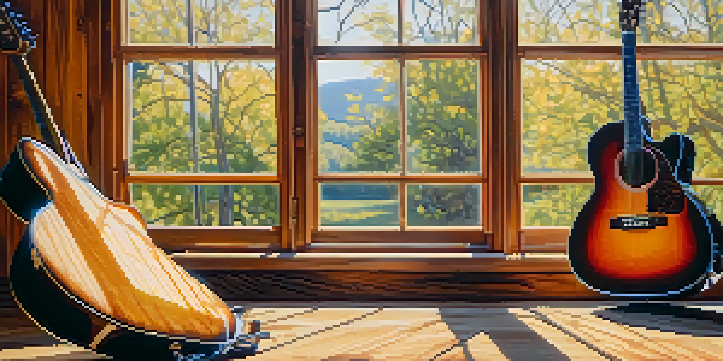A close-up of an electric and an acoustic guitar on a wooden table with sunlight filtering through a window.