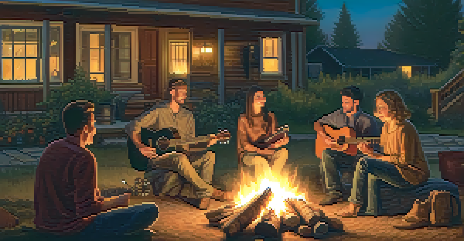 A group of friends around a campfire, with one person playing guitar and others singing, illuminated by the warm glow of the fire.