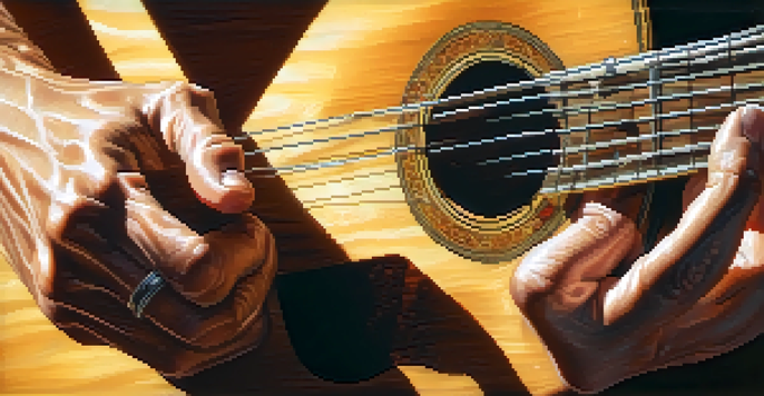 A guitarist's hands performing fingerpicking on an acoustic guitar, illuminated by sunlight, with a blurred background.