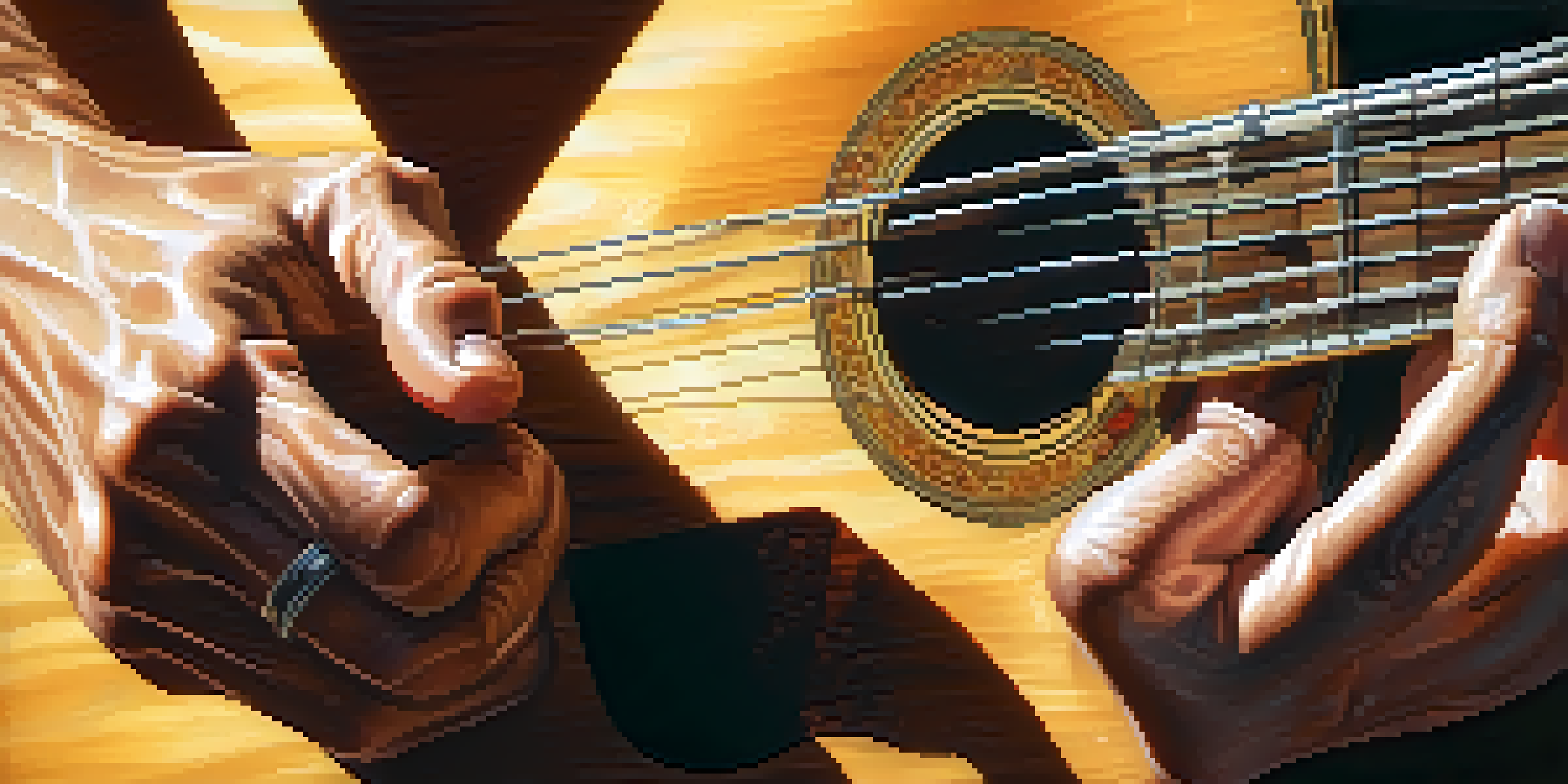 A guitarist's hands performing fingerpicking on an acoustic guitar, illuminated by sunlight, with a blurred background.
