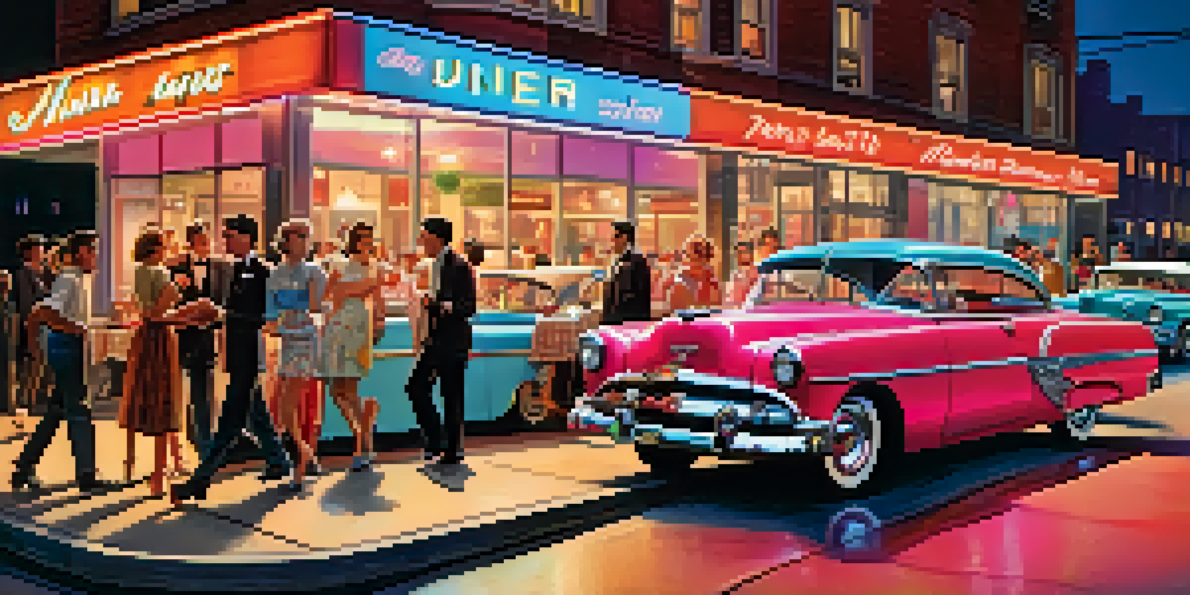 A lively street scene from the 1950s with young people near a diner, vintage cars, and neon lights.