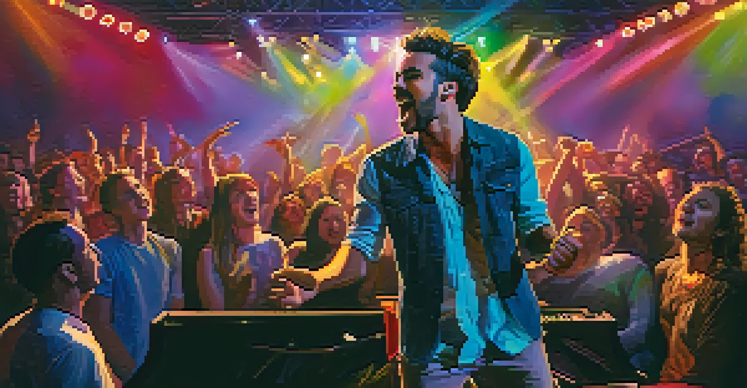 A musician performing on stage with colorful lights and an engaged audience in a small venue.