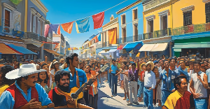 A passionate guitarist playing in front of a diverse crowd during a protest in a colorful Latin American street scene.