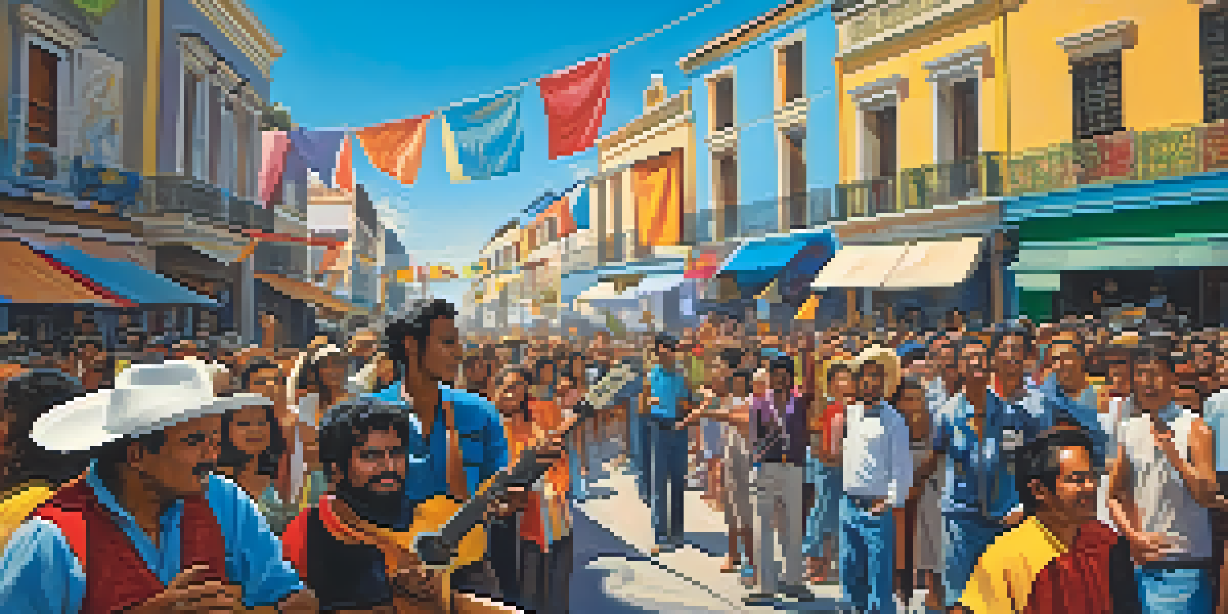 A passionate guitarist playing in front of a diverse crowd during a protest in a colorful Latin American street scene.