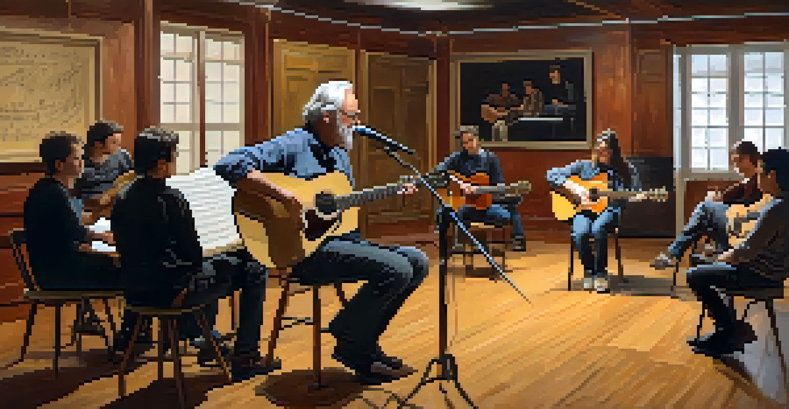 A masterclass in a cozy workshop during a guitar competition, with a musician teaching a small group.