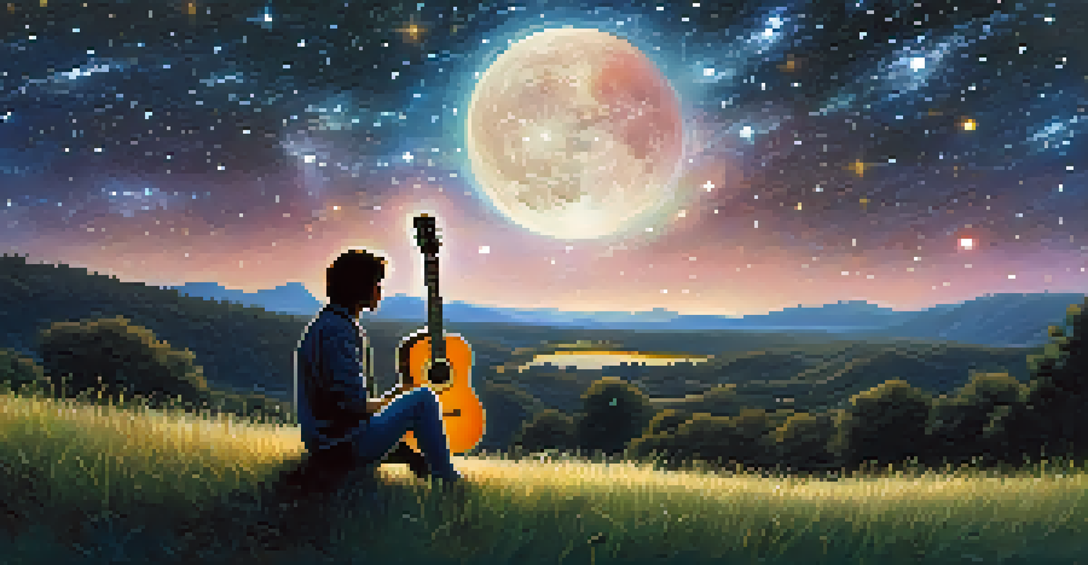 A silhouette of a guitarist playing under a starry night sky with the Milky Way visible, illuminated by soft lantern light.